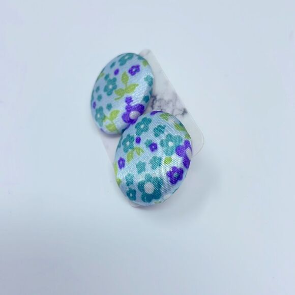 Blue Floral Fabric Button Studs Post Earrings - Picture 6 of 6